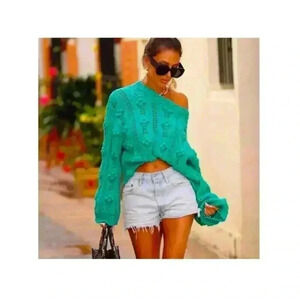 Zara Pom Pom Knit Sweater Crochet Round Neck | Green | SZ S